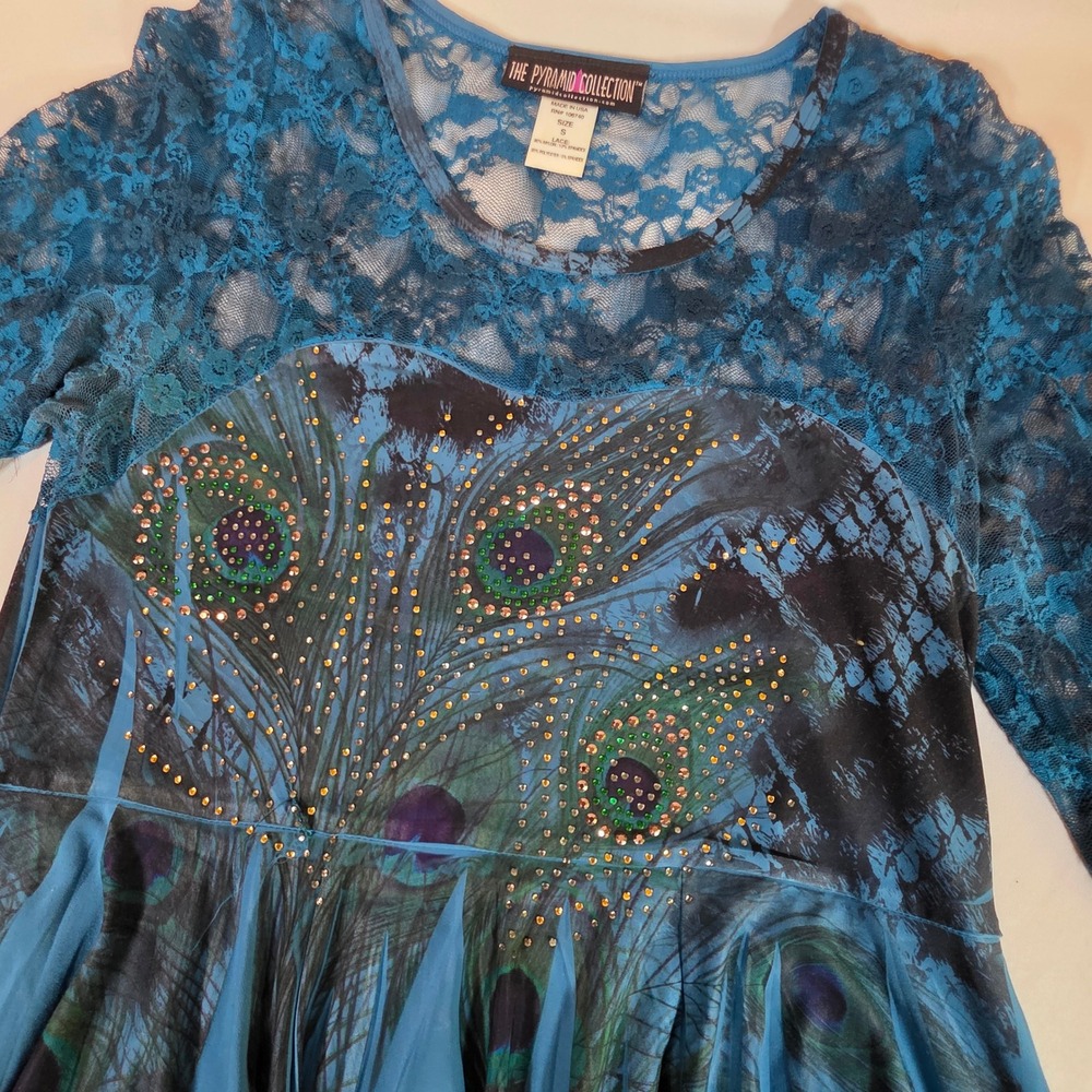 The Pyramid Collection Peacock Blue Tunic Women S Lace Rhinestone Handkerchief